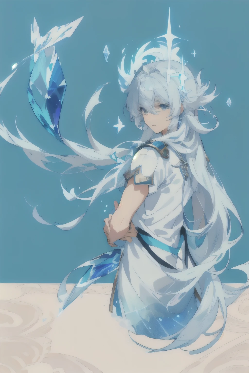 Anime style image of a long-haired boy in a white shirt and a blue fish, Water Mage, Mysterious Valkyrie, Ice Crystal Armor, Water God, luminous water element, White-haired deity, Ice Wizard, Beautiful Celestial Mage, iridescence water element, Water God仙, Light blue armor,Pisces,Light blue long hair with ice crystal ribbon,Blue pupils,Constellation Guardian,Boys have long hair