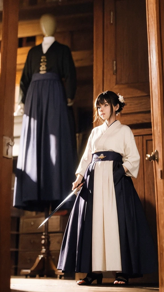 Japanese anime style. woman. middle ages. Europe. Fantasy. skirt. sword. Are standing. whole body. From below.