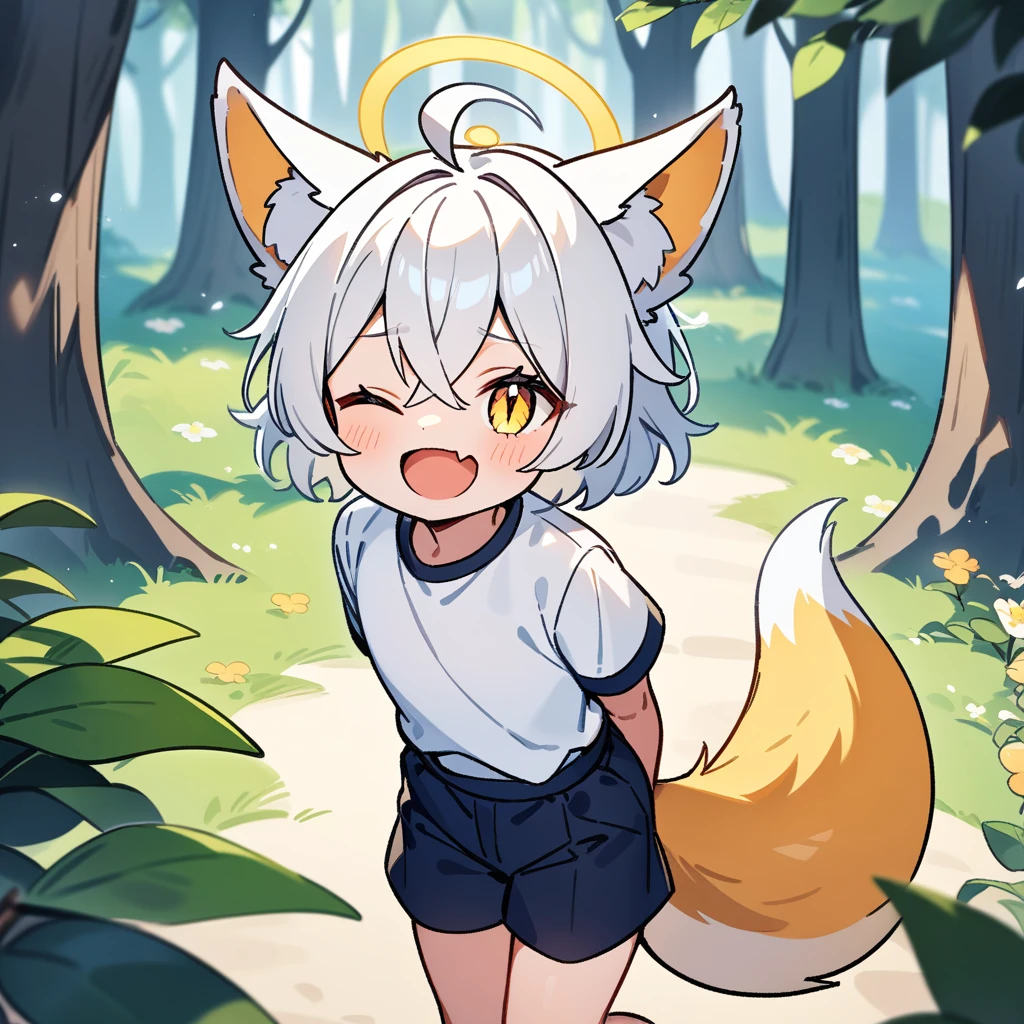 （masterpiece：1.2，high quality），4K，High resolution，A seven-year-old boy，cute boy，white hair，short hair，crossed bangs，yellow eyes，slit pupils，one eye closed， ahoge，yellow halo，fox ears，laughing，skin fang，Wearing a white shirt，dark blue shorts，Stand in the forest，There are flowering trees on both sides.，primary school student，thigh，alone，fox tail，((Hands behind your back))