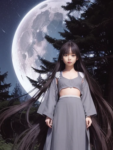 Japanese female, (underweight), (flat chest best quality:1.5),
forest, expressionless, standing, very long hair, (gray dress), with a crescent moon, (at midnight:1.2), ((in the style of psychedelic overload)), extreme long shot, ground-level shot