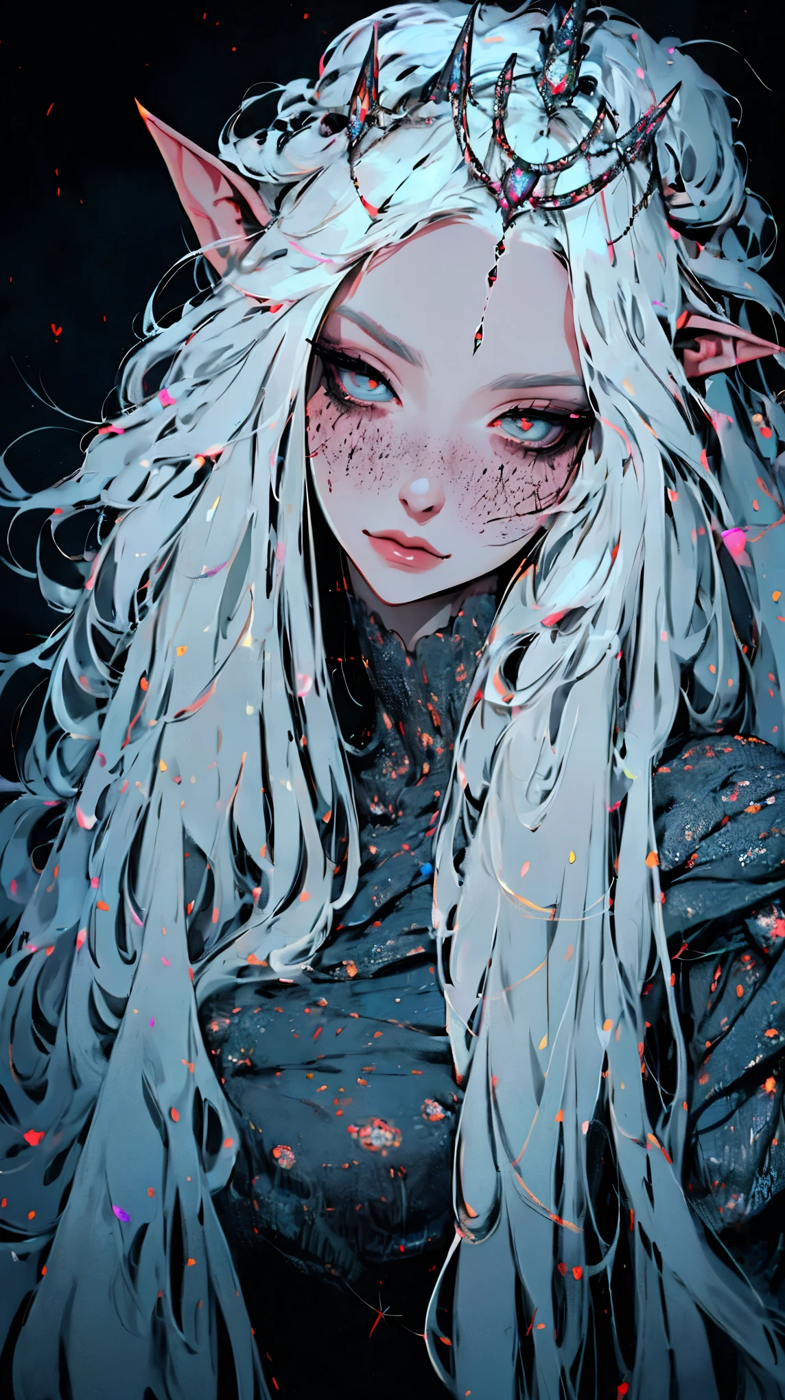 Surreal painting of a mysterious woman with flowing white hair, Elf ears, freckle, Sharp Opal Eyes, And a delicate crown, Exquisite smile, Upper Body