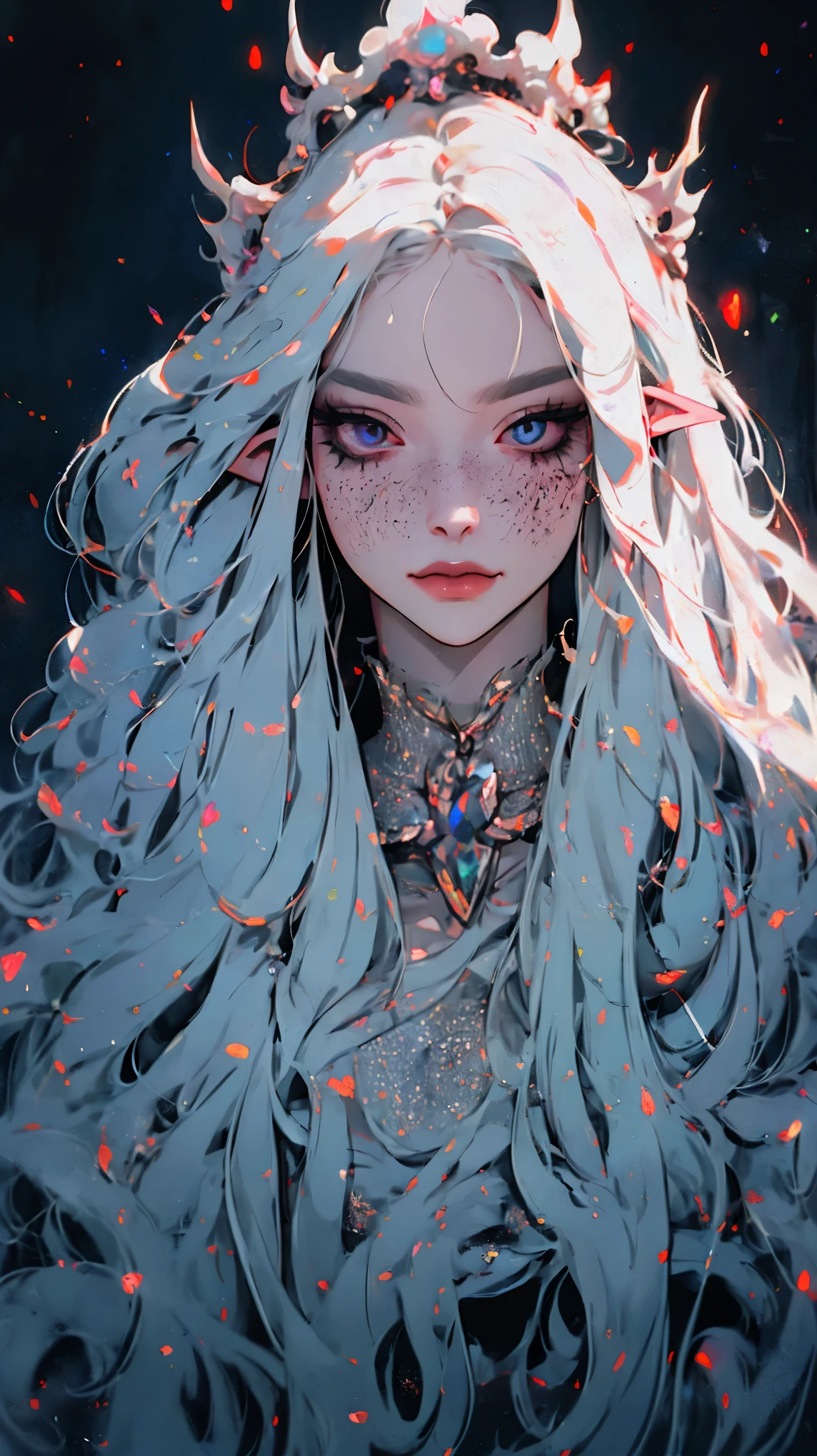 Surreal painting of a mysterious woman with flowing white hair, Elf ears, freckle, Sharp Opal Eyes, And a delicate crown, Exquisite smile, Upper Body