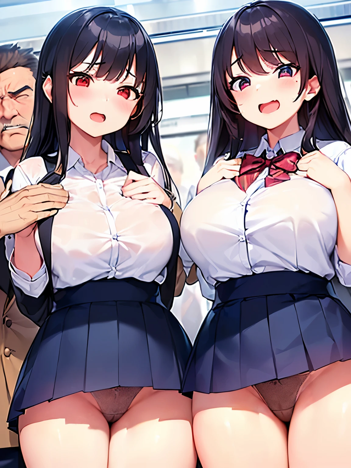 ((detailed、Highest quality、Two high school girls being molested on a crowded train、excited、Ahegao、crowd、Her breasts are being fondled by a man、A middle-aged man having his crotch touched by another man's hand、Black Hair、Sweat、A lot of semen、涎tits、Big Breasts、Nipples、Cleavage、tits、Wet white shirt、Navy Pleated Skirt、Molester Pair、camel toe peeing、Pee、White panties、Thighs))