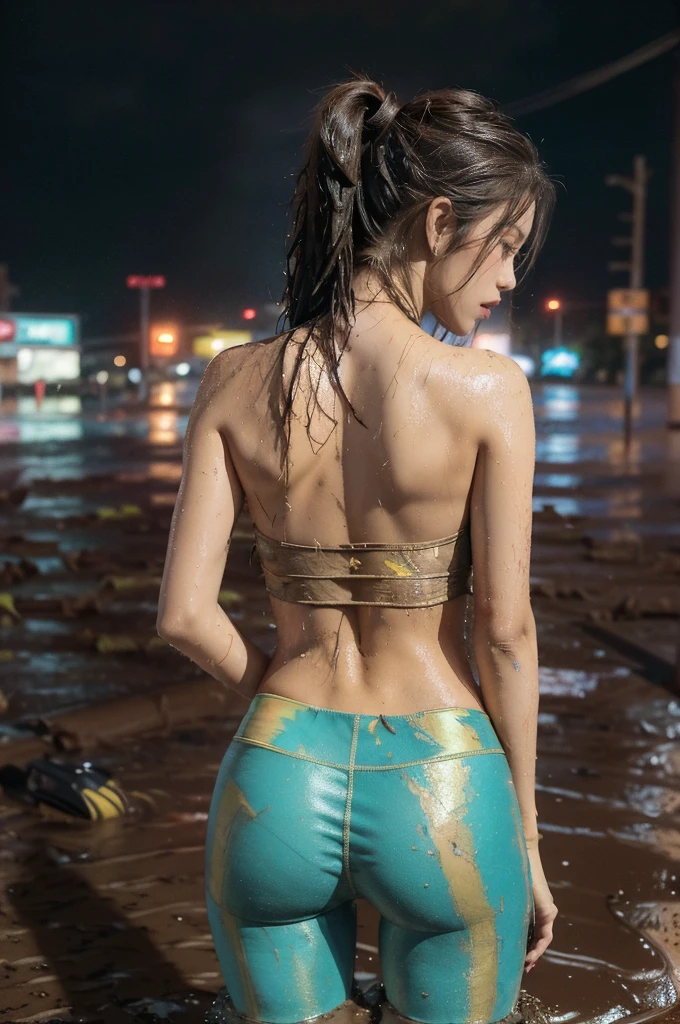 Kowloon City、Back alley、(Wet ground)、((Delicate depiction))、pipes、duct、electric wires、signboard、plein air, tag, simple background, blue open sky, shorth hair, one girls、((a beauty girl))、Skysky, looking at the viewers, stairway, Moody lighting,