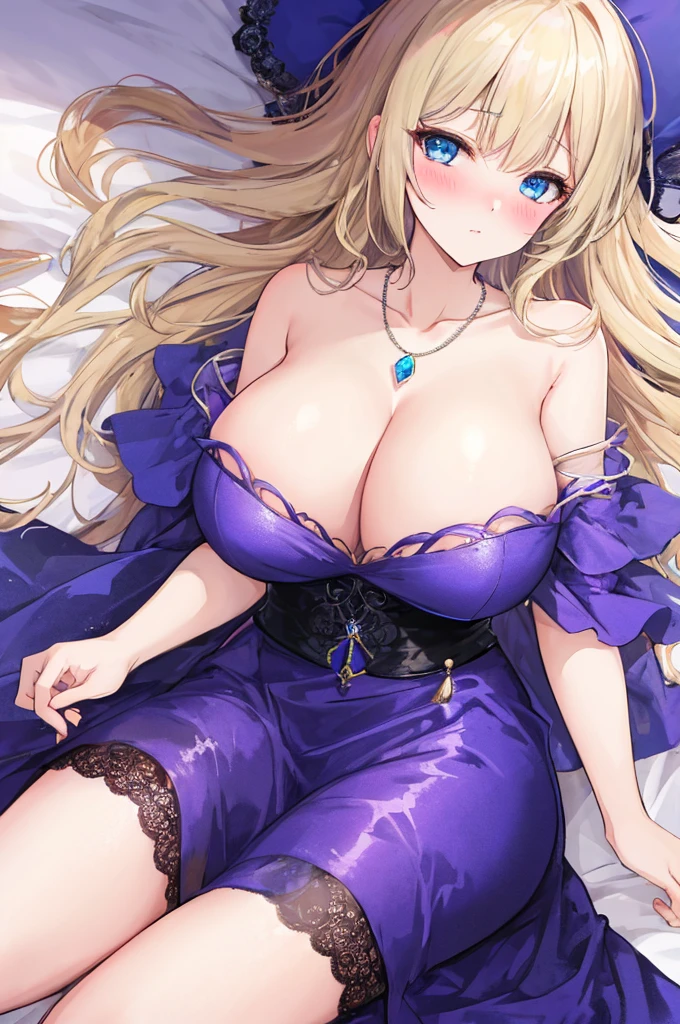 (A woman with big tits)，Princess Violet，Attractive woman，Light blond long hair，Blue Eyes，clavicle，Gemstone Necklace，Off-shoulder，short dress，Lace，Intricate details，Beautifully，Charm，Lying in bed，(blush)，