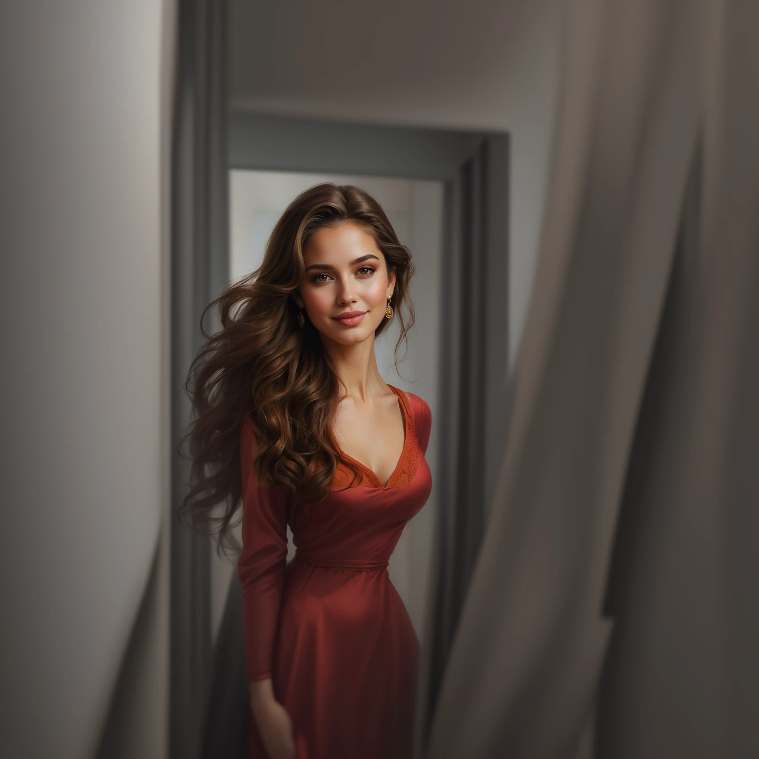 a close-up of a woman with long hair and a red dress, with brown hair, Beautiful realistic face, photoBeautiful realistic face, realistic painting of beautiful girl, beautiful and realistic faces, realistic digital painting, beautiful and realistic face, Beautiful realistic face, realistic woman oil painting, Extremely beautiful face, beautiful detailed portrait, high-quality portrait, beautiful and attractive face