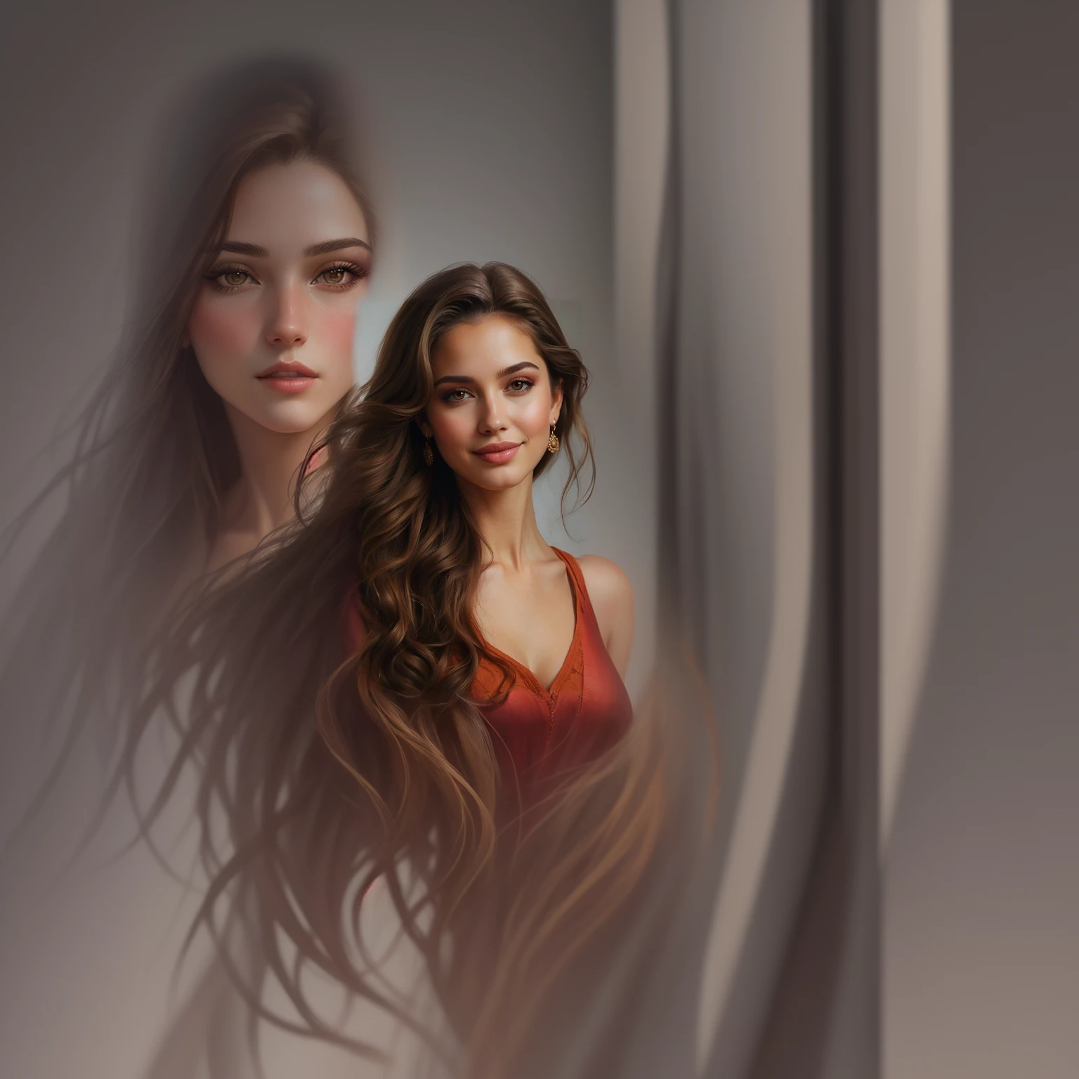 a close-up of a woman with long hair and a red dress, with brown hair, Beautiful realistic face, photoBeautiful realistic face, realistic painting of beautiful girl, beautiful and realistic faces, realistic digital painting, beautiful and realistic face, Beautiful realistic face, realistic woman oil painting, Extremely beautiful face, beautiful detailed portrait, high-quality portrait, beautiful and attractive face