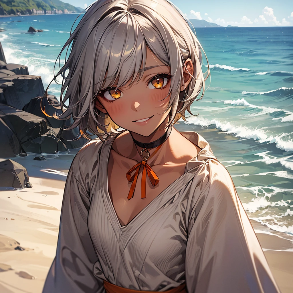 masterpiece, Highest quality, Perfect Face, Highest Resolution, Highest quality,Detailed depiction of the eyes, 8k, 1 girl, young, dark tan skin, slate gray hair, short hair, upturned eyes, Yellow Orange eyes, ribbon choker, Seaside house, relax and enjoy, little smile, Perfect Anatomy