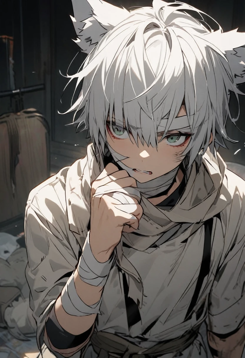 White hair Wolfcut, Wolf ears, hand bandage