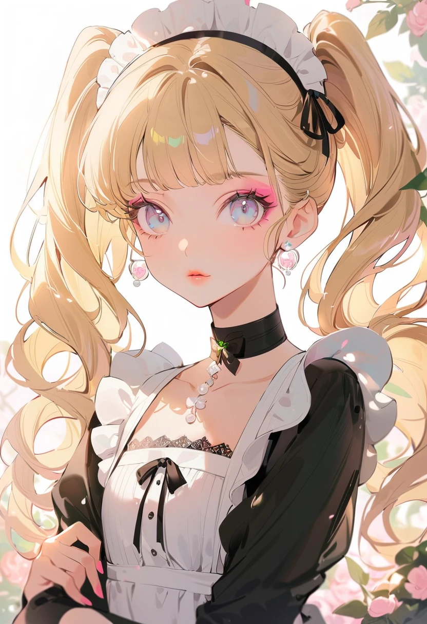 (Highest quality,Very detailed,High resolution:1.2),Beautiful girl with perfect face,very_Long eyelashes, Detailed lips, Cool look, Soft Skin, ,Vibrant Background, Natural light,The cutest girl in the world,Exquisite makeup,Long blonde hair with pink mesh at the ends, Twin tails, The maid uniform is black, I have a gun in my hand,