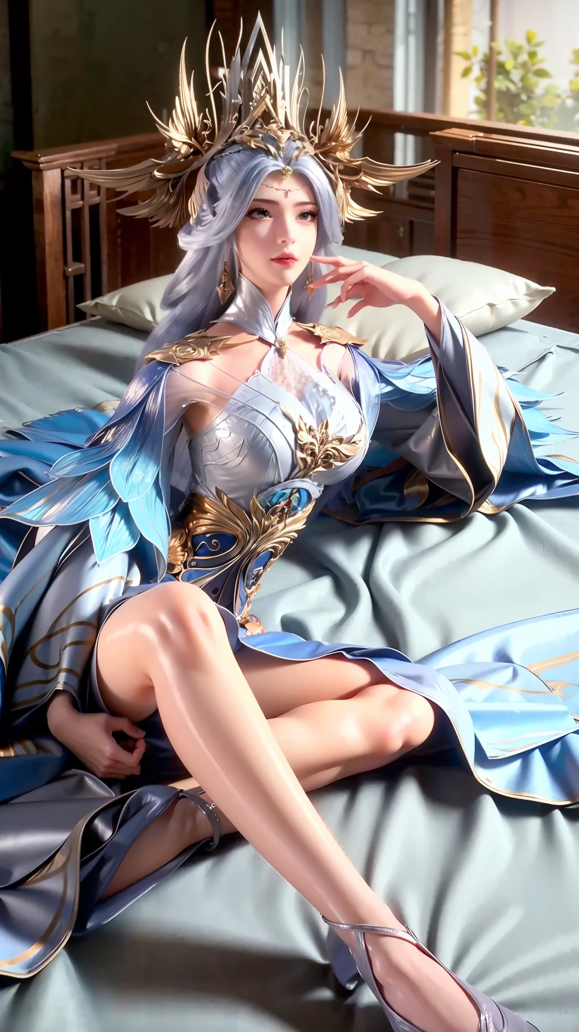 一个女孩Lying in bed，Face up，Raise your legs slightly，Frontal super detailed beautiful girl ************. Ultra HD, 4K, 8K, Movie，whole body，Lying down，Long legs，whole body捕捉，（（（Lying in bed））），（（（whole bodyLying in bed））），big bed，Lying in bed，Sleeping on the pillow，Lying down，Headrest pillows