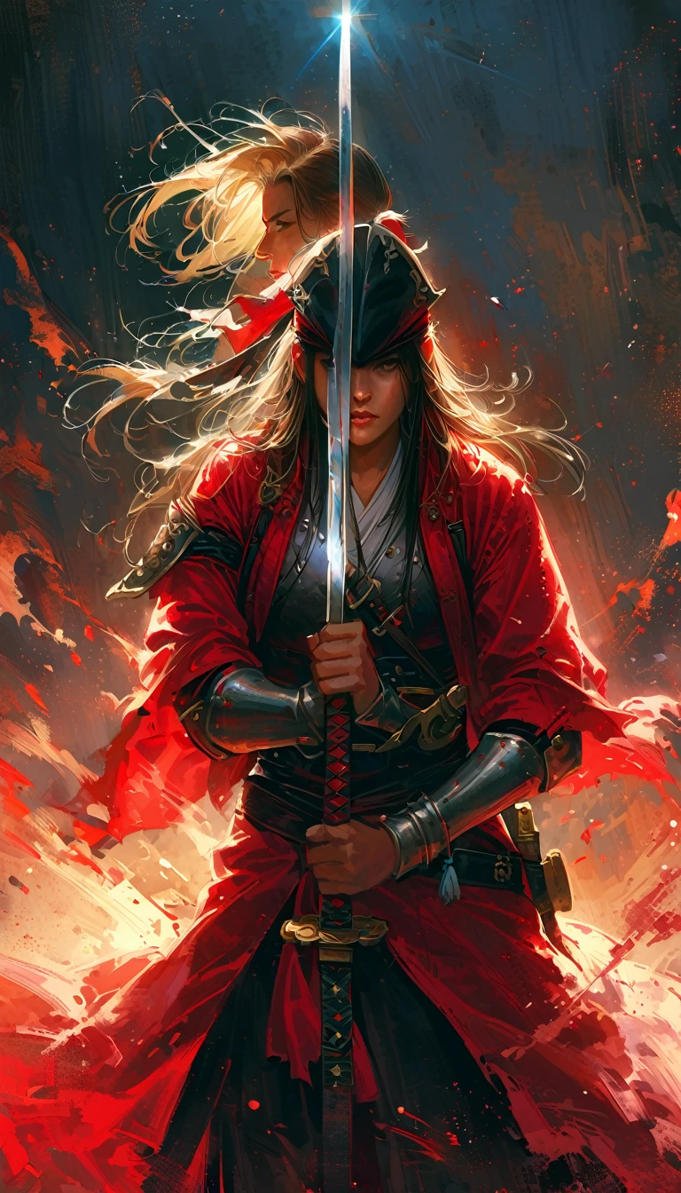 realistic, 1girl, profile portrait, beautiful japanese girl, japanese pirat, xviii century, she hold katana sword near face, shining metal, eyes reflection from sword metal, old and torn pirate outfit,  female pirate, Low-key lighting Style, katana, fight with another pirate, dynamic shot, fighting pose