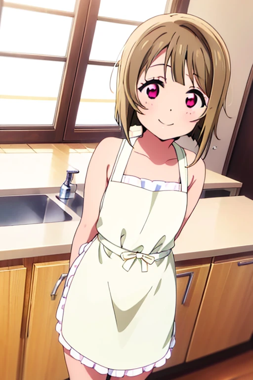 (Highest quality,masterpiece)、One Girl、alone、cute、 smile、Detailed Background、lovelive、nakasu kasumi、kitchen、Standing posture、Pure white nude apron、Bobcut、Asymmetrical hair、 Long left bangs、short hair、Tan Hair、Red Eye、Depth of written boundary

...folding