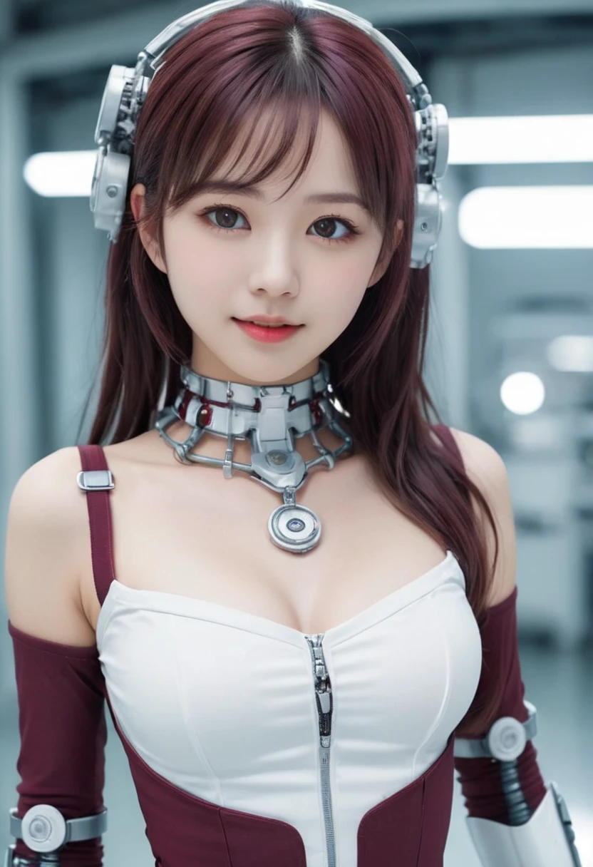 (Highest quality, High resolution, masterpiece:1.2), Very detailed, Realistic:1.37,(Perfect Anatomy),1 girl,Lots of cables,Lots of computer screens, A cute and very beautiful girl star idol,(Transform into a cute cyborg:1.2),secret smile,(Beautiful Eyes:1.2),Beautiful Skin, Detailed facial features, Complex Hair, Detailed costume, Beautiful Lips,(So cute, Futuristic fitted burgundy and white biocyborg costume with frilly mini skirt and boots:1.2),　Metal Necklace,, Seductive makeup,Silver ponytail，Moe pose、Laughter ,(The background is inside the tubes of a cyborg assembly factory.:1.4).
