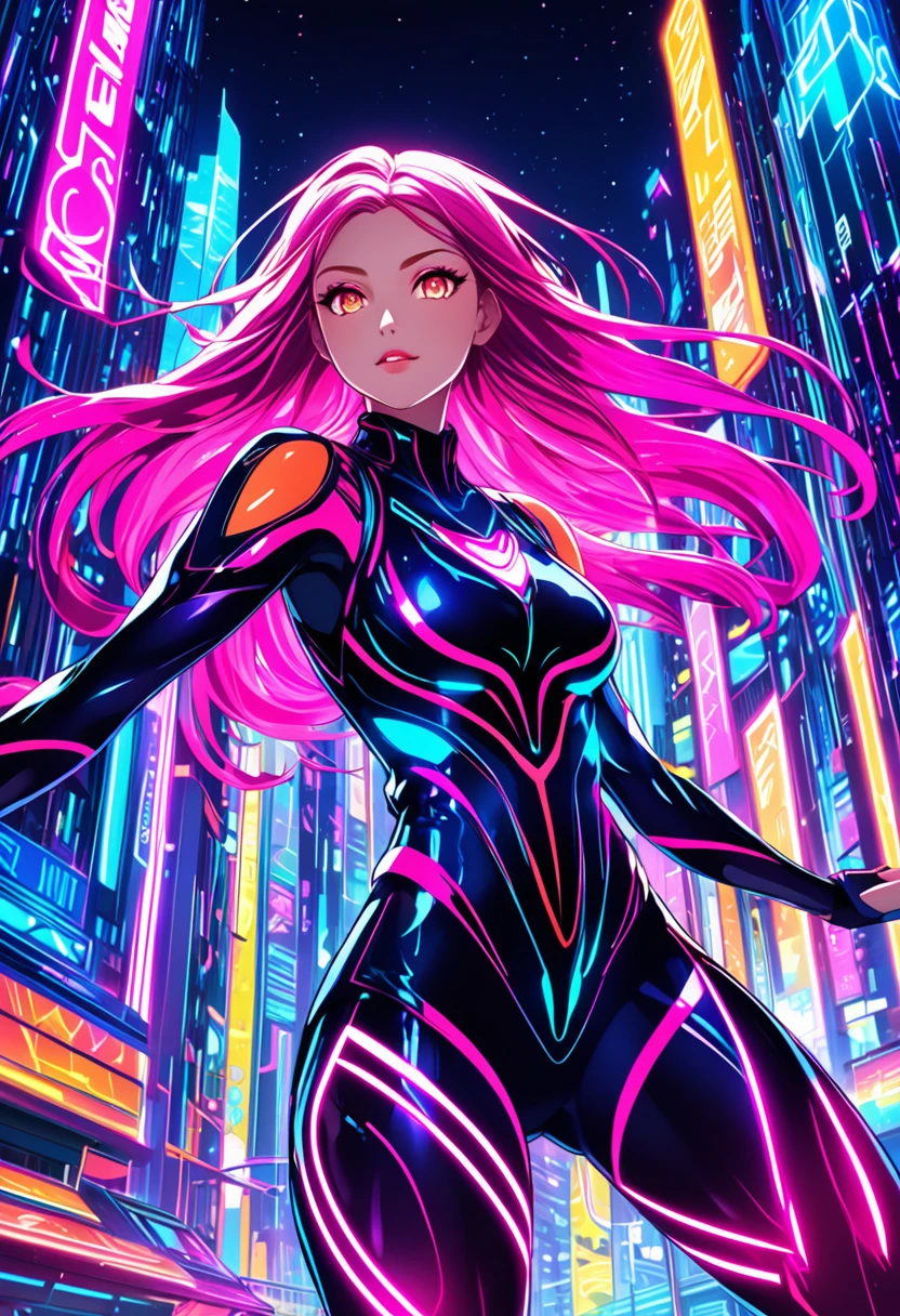 (neon colored avatar), (vibrant anime woman), dynamic pose, (expressive facial features), glowing elements, futuristic urban background, dazzling skyscrapers, energetic ambiance, bright and bold color palette, high contrast lighting, intricate details, visually stunning, eye-catching design, (4K), (ultra-detailed), sleek character design, whimsical elements, cosmic accents, imaginative environment, striking visual effects, captivating atmosphere, electrifying vibes, flowing hair, sleek outfit enhancing movement, vibrant light trails, modern and sleek design blending seamlessly, electric blues, blazing pink tones illuminating the scene.