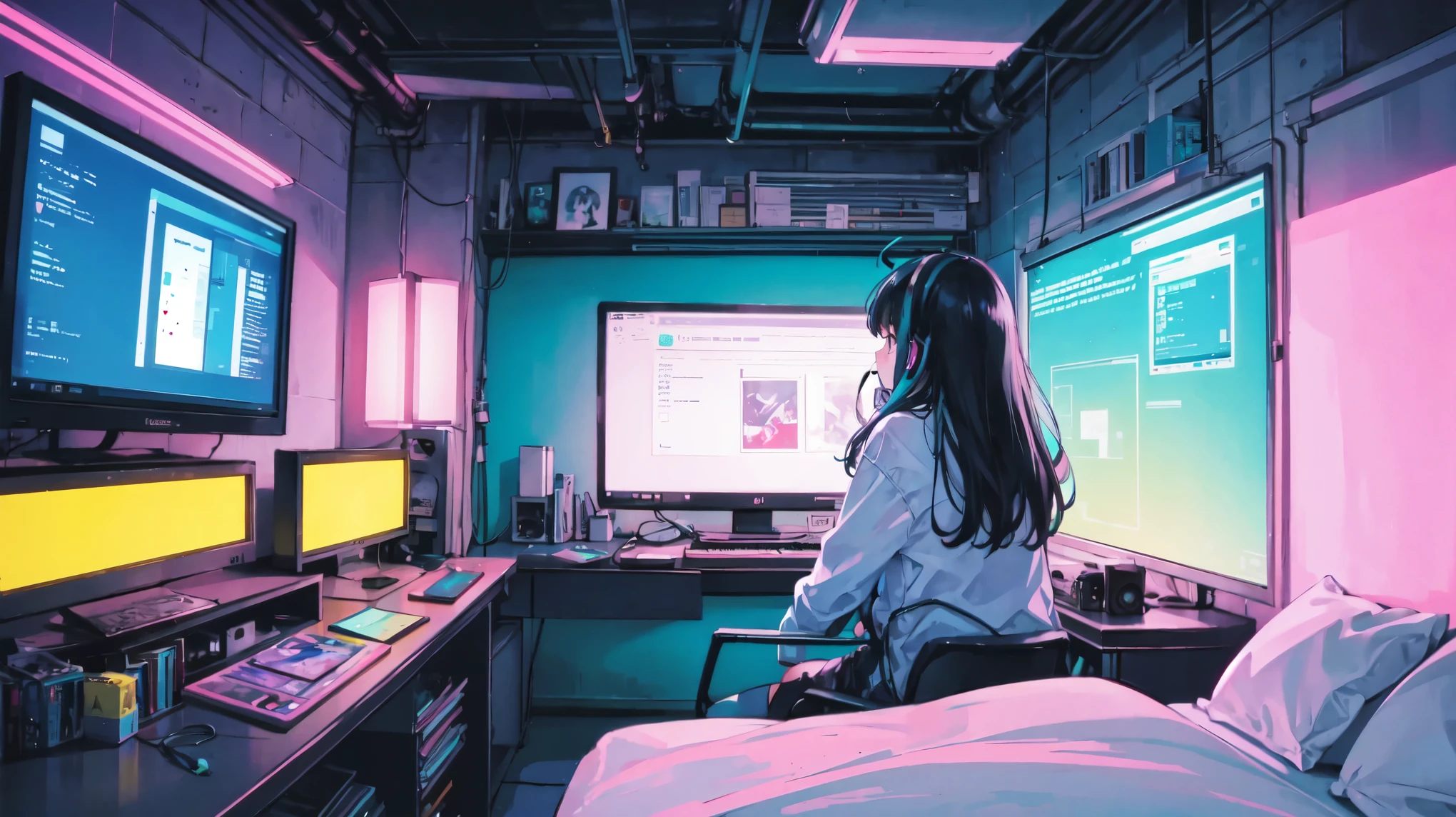 ultra wide angle (Overnight stay), Girl studying in her room, read a book, Wear headphones, , night light, Neon landscape on a rainy day, Analog color theme, Lo-Fi Hip Hop , retrospect, flat, 2.5D ,Draw a line, Ink drawing, big color gradient, Watercolor painting, Kush color, Studio Ghibli Style, Super colorful., outside ton, Synthwave, Lofi art,90s style,old surface, Amplitude,90&#39;s atmosphere, table top, Incredible technology, 16:9 scales