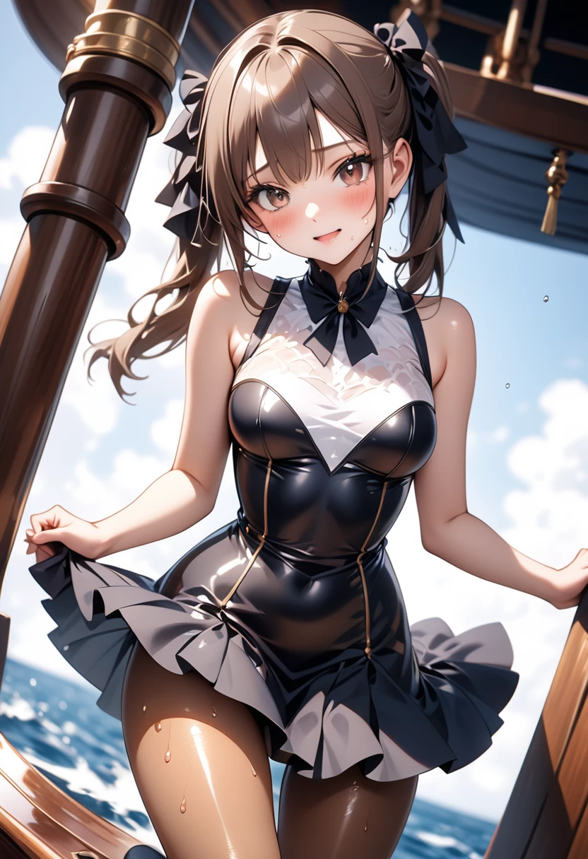((A formal yet sexy dress)), ((skirt)), ((pantyhose)), ((Shiny Costumes)), skindentation, skinny, solo, 1 woman, Masterpiece, highest quality, highest quality, 16K, incredibly absurd, highly detailed, 2.5D, ai-generated, delicate and dynamic, very delicate facial expressions, delicate eye depiction, erotic, only sexy woman, ((A cute and kind face)), healthy figure, ((25-year-old woman)), 160cm tall, medium firm swaying bust, , blush, Sweat,Embarrassed,sexy, ((thin thighs)), (camel toe:0.7), (visible nipples:0.3), (Erect nipples,:0.7), shiny and lustrous, facing straight at viewer, (((in heat))), ((Oily_skin)), ((Lots of sweat)), (((Brown Skin))), ((dutch angle)), ((erotic pose)), ((On the open sea, on a pirate ship, in the hot summer),