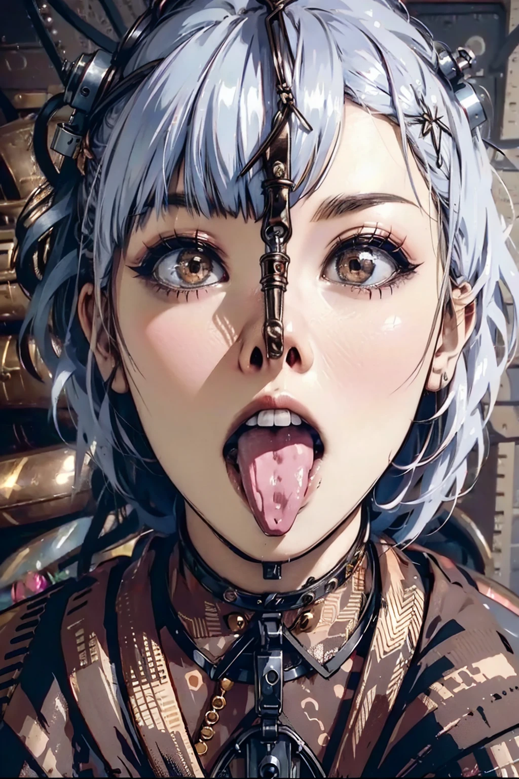 masterpiece, Highest quality, (Face close-up, Sticking out a long tongue, Ahegao, Eyes wide open:1.3), beautiful girl, happiness, smile, Beautiful and detailed, Dark Eyes, amount, Thin eyebrows, Eyelash extensions, (Silver Hair, Wavy bristles, Short Hair:1.3), Gal Makeup, (Nose hook:1.3), (Bondage Fashion:1.3), (Stick your butt out, stand up:1.3), (Steampunk background:1.3), (Drooling:1.3)