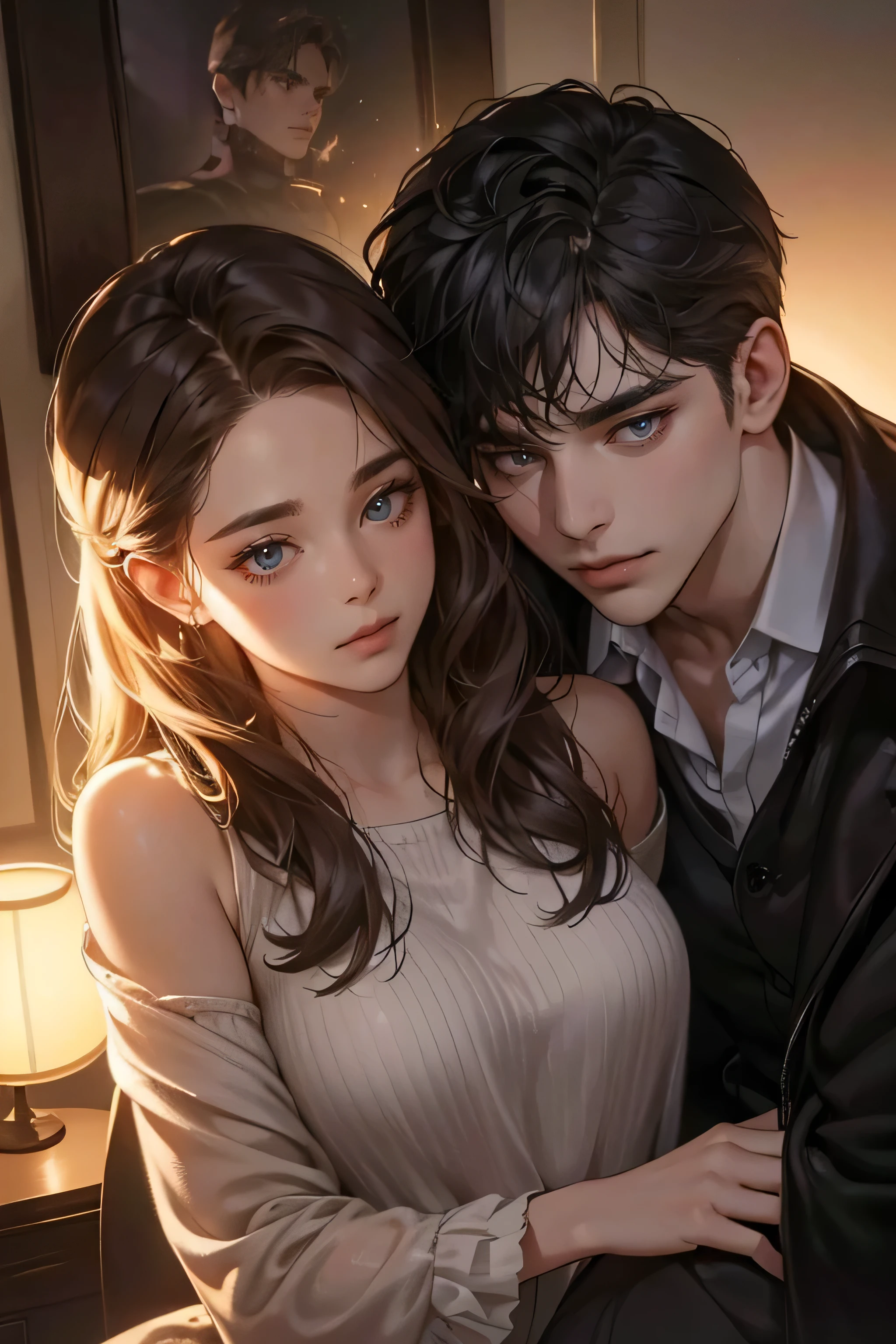 a detailed portrait of a boy and girl cuddling, girl with shoulder-length waved hair, extremely detailed eyes and faces, (best quality,4k,8k,highres,masterpiece:1.2),ultra-detailed,(realistic,photorealistic,photo-realistic:1.37),cinematic lighting,dramatic shadows,warm color palette,romantic atmosphere
