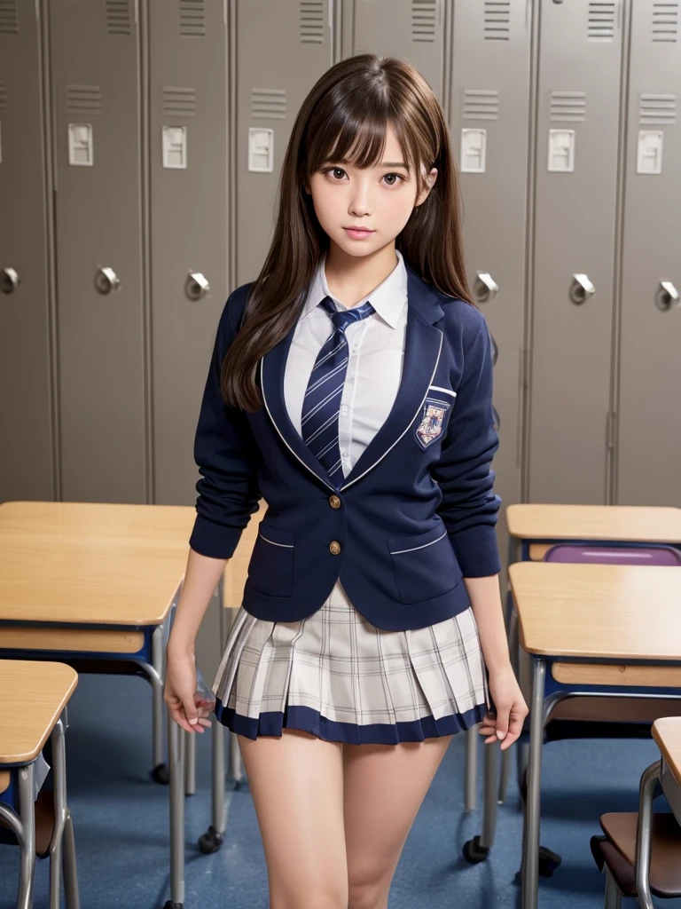 masterpiece,Highest quality,Very detailed,High resolution,(Realistic, photoRealistic:1.37),Excellent anatomy, One beautiful woman,20-year-old,Height: 152cm,high school girl,Crying a little,Gravure idol, high school girlの制服,blazer,(shape),Checkered Pleated Micro Mini Skirt,Navy blue knee-high socks,garter belt,huge,Disheveled uniform,((Very delicate and beautiful)),((High school classroom:1.2)),((locker room:1.2)),((Schoolyard:1.2)),Brown Hair,Long Bob Hair,bangs,Very beautiful face,Cute type,Big Natural Color Lip,Small and cute nose,Big and pretty eyes,Brown eyes,Obvious double,Shiny highlight spots around the eyes,Character Focus,Tilt your head,The best light,Best Shadow,mysterious,Perfect Face,Very detailed, Soft Skin,(Glowing Skin, Sweaty: 1.3),Beautiful feet,Voluptuous thighs,Plump body,hugeな胸,(Expresses the roundness and softness of the chest area.........1), Beautiful body,(The perfect woman),Bold sexy pose,Gravure idolのポーズ