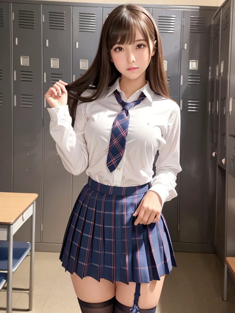 masterpiece,Highest quality,Very detailed,High resolution,(Realistic, photoRealistic:1.37),Excellent anatomy, One beautiful woman,20-year-old,Height: 152cm,high school girl,Crying a little,Gravure idol, high school girlの制服,blazer,(shape),Checkered Pleated Micro Mini Skirt,Navy blue knee-high socks,garter belt,huge,Disheveled uniform,((Very delicate and beautiful)),((High school classroom:1.2)),((locker room:1.2)),((Schoolyard:1.2)),Brown Hair,Long Bob Hair,bangs,Very beautiful face,Cute type,Big Natural Color Lip,Small and cute nose,Big and pretty eyes,Brown eyes,Obvious double,Shiny highlight spots around the eyes,Character Focus,Tilt your head,The best light,Best Shadow,mysterious,Perfect Face,Very detailed, Soft Skin,(Glowing Skin, Sweaty: 1.3),Beautiful feet,Voluptuous thighs,Plump body,hugeな胸,(Expresses the roundness and softness of the chest area.........1), Beautiful body,(The perfect woman),Bold sexy pose,Gravure idolのポーズ