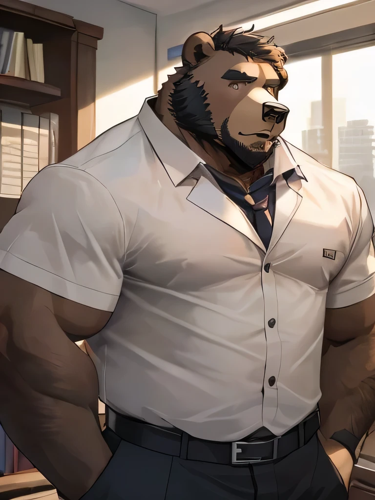 (Very detailed), Clear focus,hairy, Black and white fur), black beard, Black Hair,human nature (棕Bear:1.3), male, Middle-aged and elderly people, Brown body, White belly, muscular ,(Crotch bulge),Very detailed face,(Disheveled:1.4),(best quality), (masterpiece), High Detail, high quality,high resolution,16K,(Bear:1.3),Office Background,Set,Suits