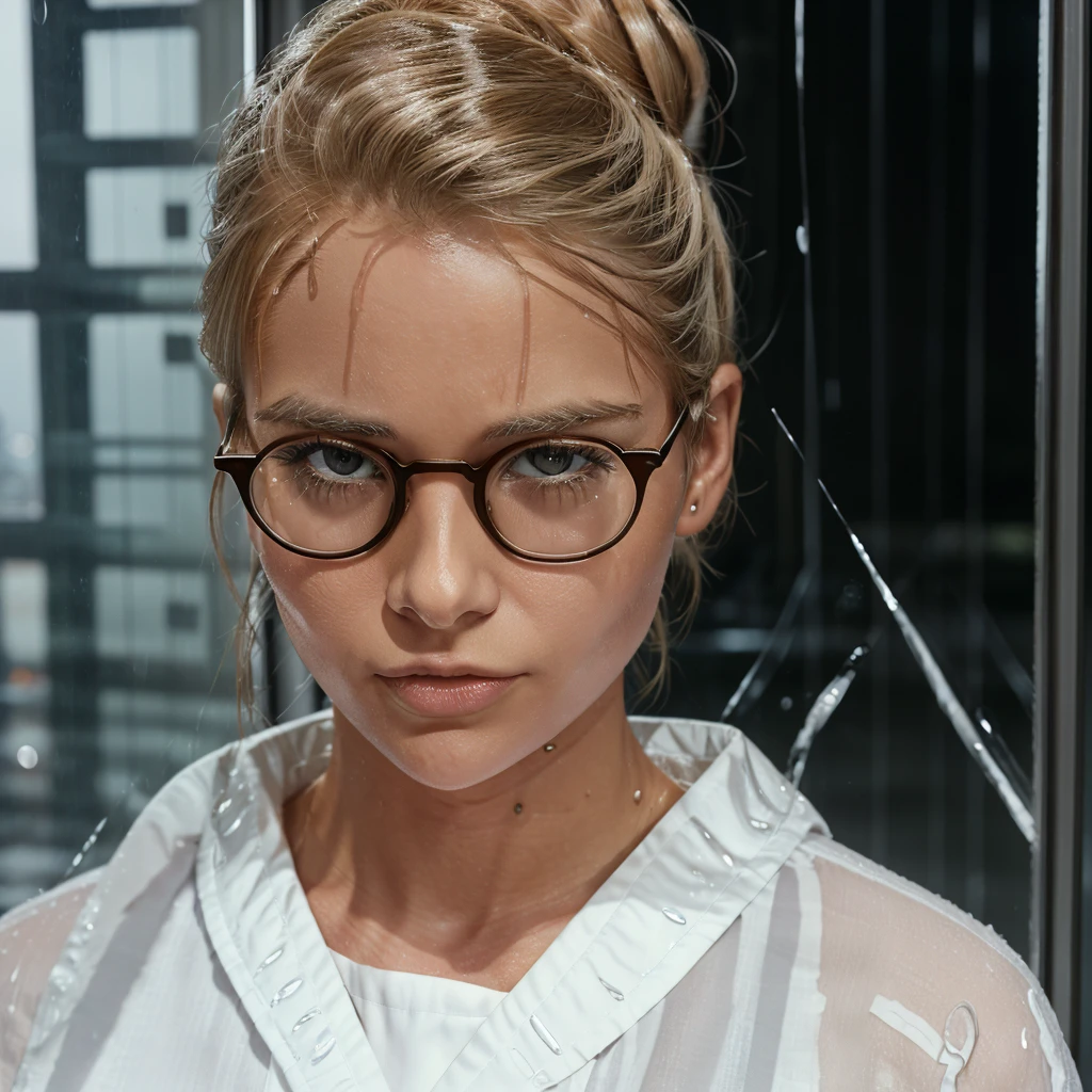 A thirty-five-year-old woman with blonde hair tied in a bun, thin rimmed spectacles, white blouse, detailed clothing, realistic, strong shadows, nighttime, industrial background
( "Raindrops running down a window pane, with a view of a gloomy sky outside, symbolizing tears turning into clear water on a woman's face.")