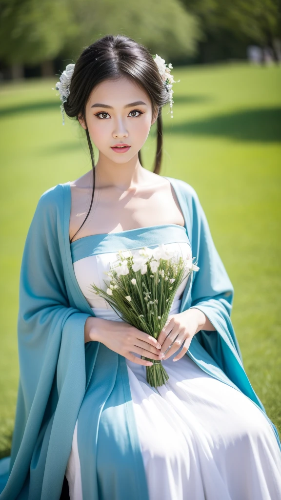 huge breasts,Fashion model 16 years old, [[[[boobgasm]]]], [[[[coll]]]], [[[[bshoulders]]]], perfect  eyes, Perfect iris，Perfect skin，Long face，Soft front light，HDlmgirl,White period costume，Green leaves and flowers in the background，（pastel colour：1.2）