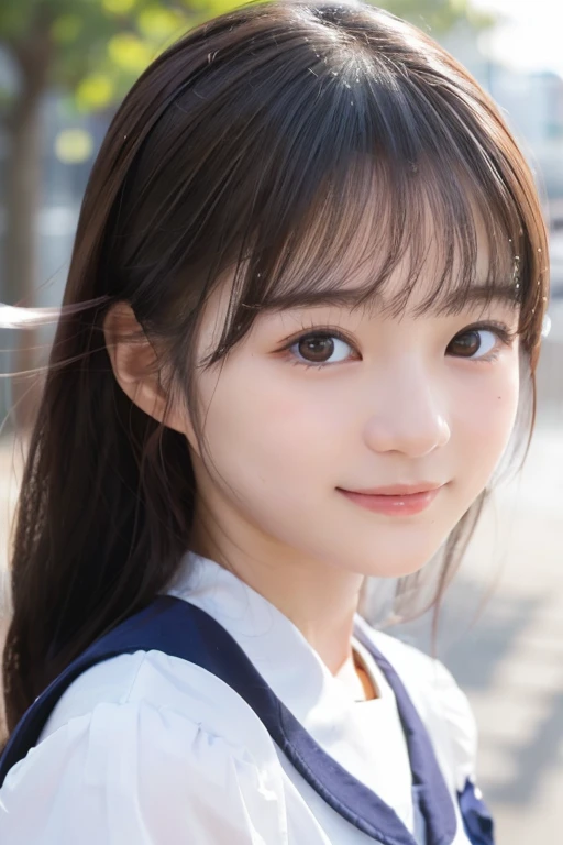 ((Cute 15 year old Japanese))、on the road、Highly detailed face、Pay attention to the details、double eyelid、Beautiful thin nose、Sharp focus:1.2、Beautiful woman:1.4、Cute Hairstyles、Pure white skin、Highest quality、masterpiece、Ultra-high resolution、(Realistic:1.4)、Highly detailed and professional lighting、nice smile、Japanese school girl uniform