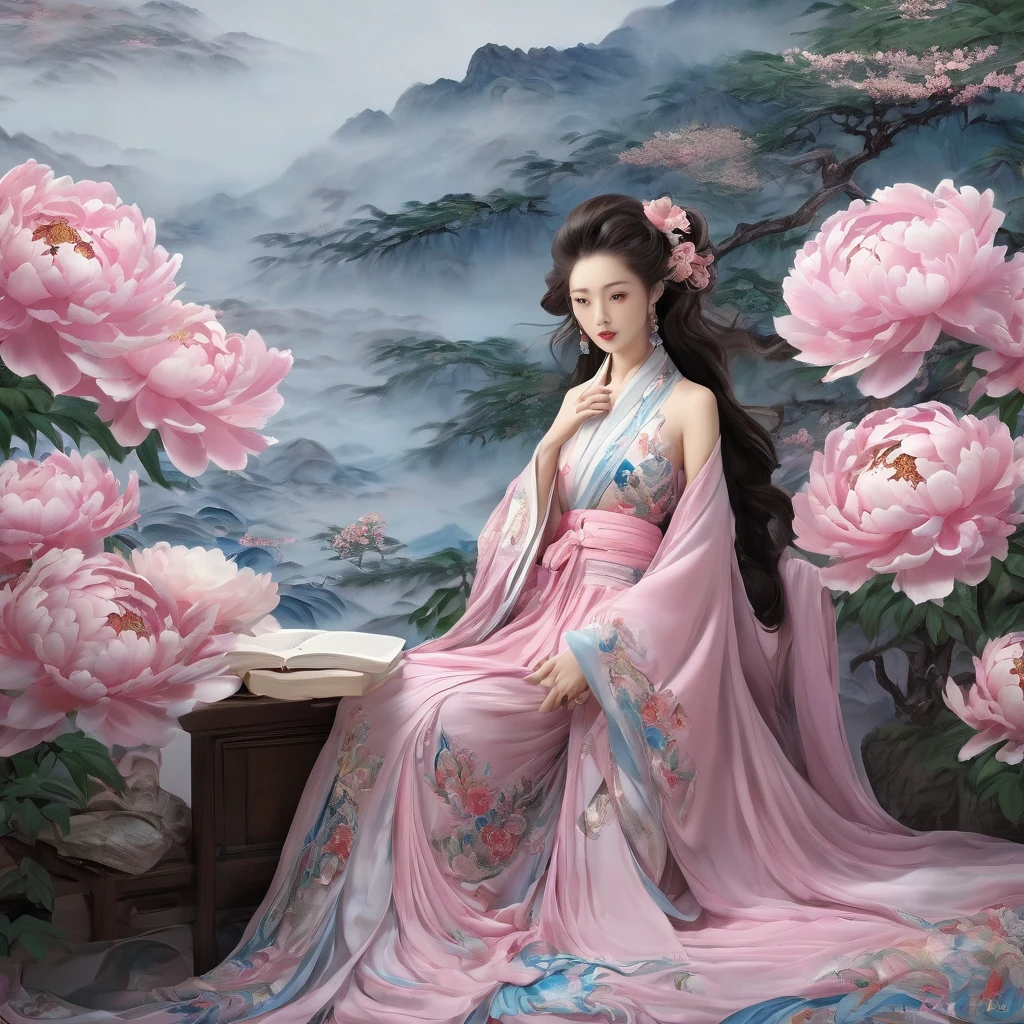 best quality,masterpiece,Ultra-high resolution,(truthfully:1.4),,peony flower bush(background),20 year old peony goddess(oriental woman),Pink shawl long hair,Charming eyes,Sexy body,Wearing a peony lace skirt,Half-reclining man reading and drinking among peonies.