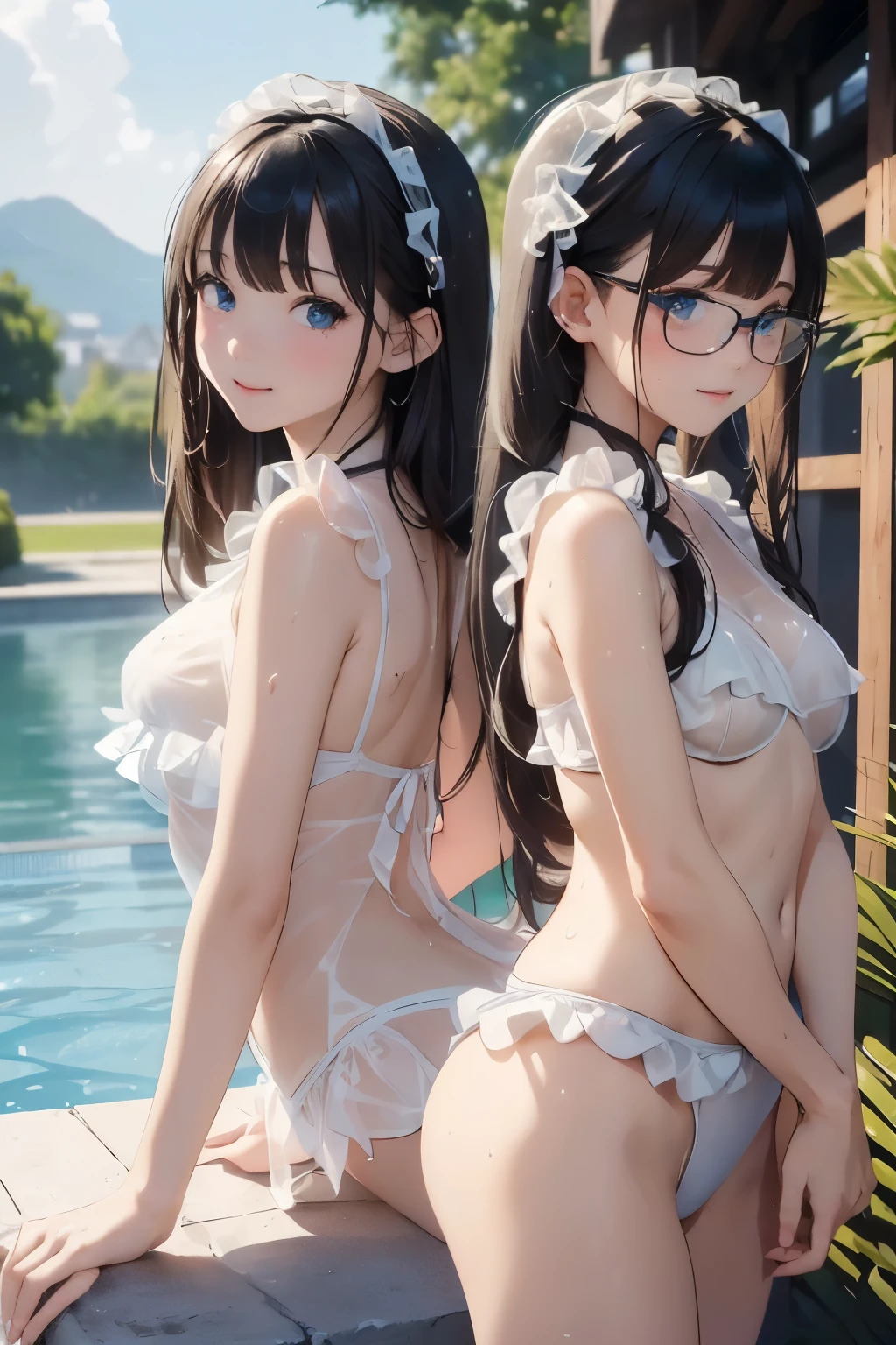 ((masterpiece)), ((highest quality、Ultra high definition)), (Very detailed),8k、Photo quality、((Amazingly cute girl)),)), Two people, , (Beautiful emerald blue eyes), ((smile)),In the open-air bath overlooking the sea, Beautifully arranged black hair in twin tails、Slim Body、(((A very cute see-through white bikini swimsuit with lots of lace and frills.)))、Professional Lighting、(White lace knee-highore detailed and beautiful)、(More details and cutenesore realistic)、((Just wear light clothing))、Frolic in the pool、(Too cute)、(The embodiment of cuteness)、(Cute girl with glasses)、((The swimsuit is wet and transparent))、(((Front and back of the same person)))、