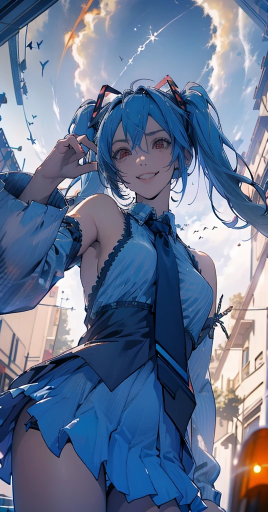 masterpiece, hatsune miku, White shirt, Blue tie, Exposing shoulders, The sleeves are separated, Evil Smiley Face, Dark Skin, Red eyes, Iris, Pupil orange,