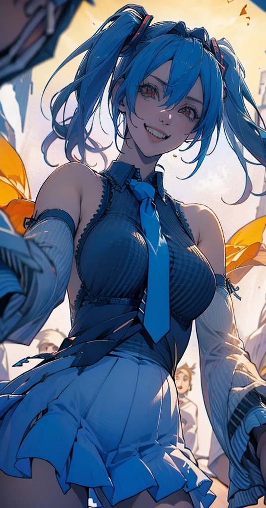 masterpiece, hatsune miku, White shirt, Blue tie, Exposing shoulders, The sleeves are separated, Evil Smiley Face, Dark Skin, Red eyes, Iris, Pupil orange,