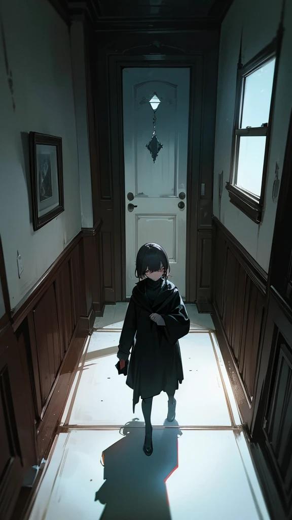 Create an eerie, dimly lit interior of a house at night, with shadows and ominous lighting. Focus on the atmosphere as Emma receives a chilling phone call.