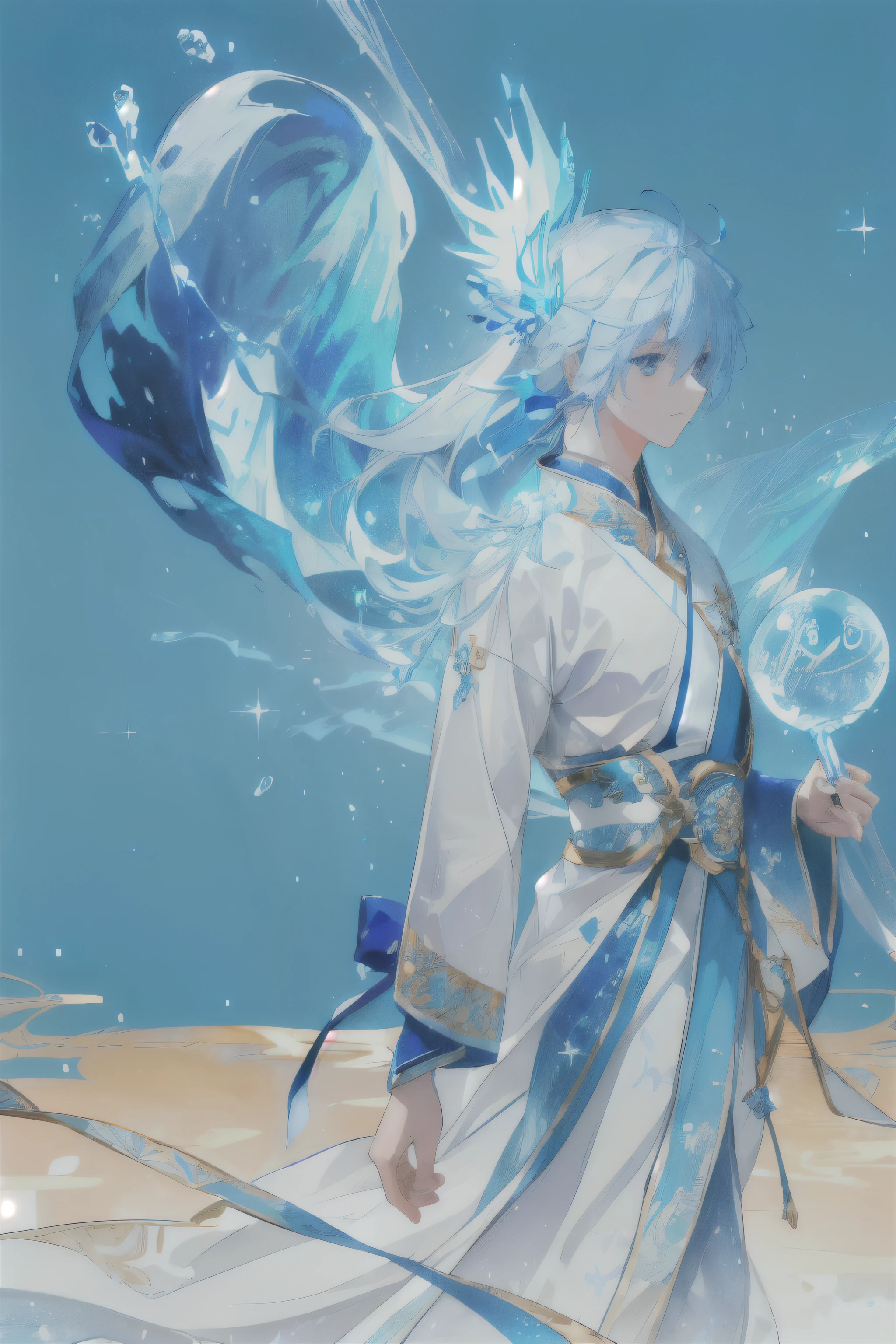 A boy wearing a white robe and a blue fish, anime style, golden headdress, golden headpiece, water mage, mysterious male warrior, ice crystal armor, water deity, luminous water element, white-haired deity, ice wizard, beautiful celestial mage, iridescent water element, water spirit, light blue armor, Pisces, light blue long hair with ice crystal trails, blue eyes, zodiac guardian