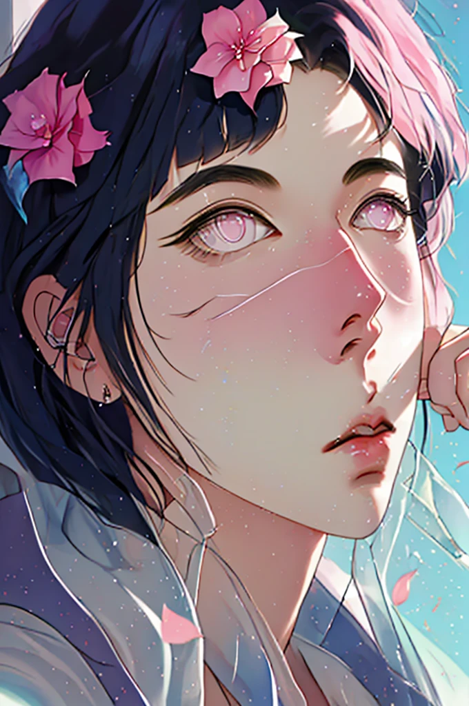 masterpiece, absurdres, hinata hyuga, 1girl, solo,mature female, midriff t-shirt, (transparent t-shirt),high waist pencil short black skirt, looking at viewer, (falling petals), perfect composition, detailed lips, beautiful face, body propotion, blush, (pink lips), midium hair, purple eyes, soft gaze, super realistic, detailed, photoshoot, realistic face and body, detail body, detail finger, sexual expression, seductive expression, thighhighs, cleavage