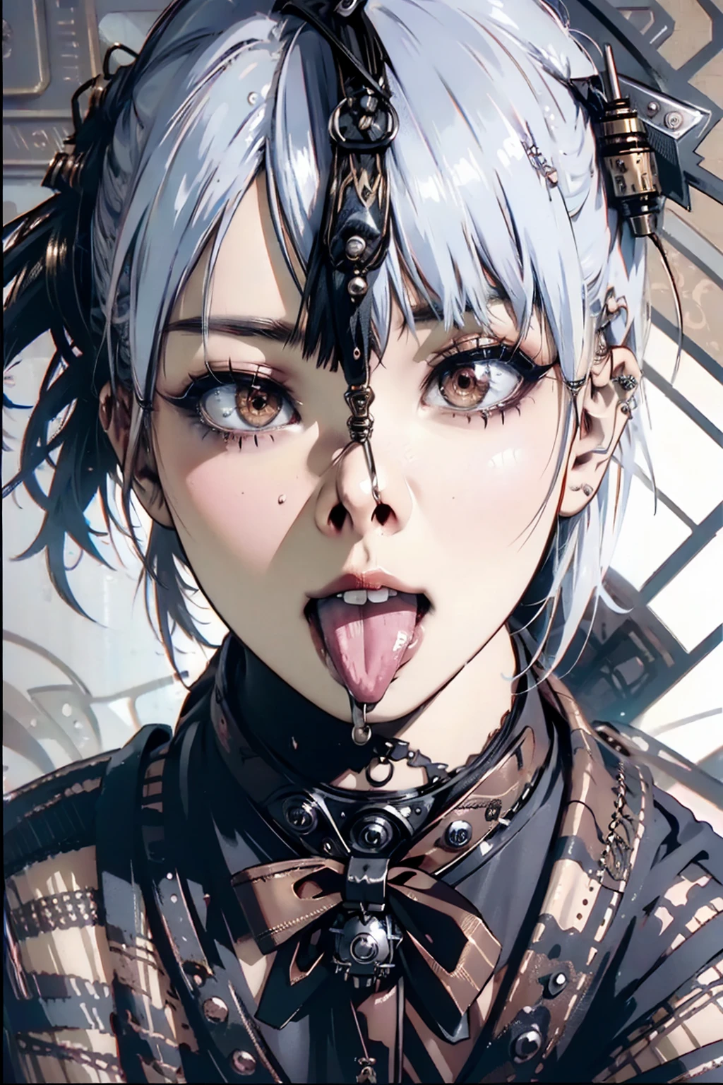 masterpiece, Highest quality, (Face close-up, Sticking out a long tongue, Ahegao, Eyes wide open:1.3), beautiful girl, happiness, smile, Beautiful and detailed, Dark Eyes, amount, Thin eyebrows, Eyelash extensions, (Silver Hair, Wavy bristles, Short Hair:1.3), Gal Makeup, (Nose hook:1.3), (Punk rock outfit:1.3), (stand up:1.3), (Steampunk background:1.3), (Drooling:1.3)