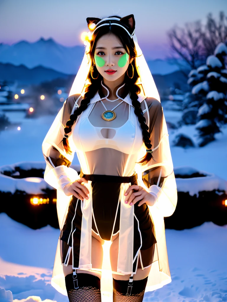 A female model, (Race:Chinese),((night, Snowy mountain hot spring, moonlight, snow)), (8K Ultra HD, 8K, Ultra-high resolution, best quality, masterpiece, Surrealism, Digital SLR Camera, Soft Light, Bokeh, Masterpieces), ((((Beautiful model-like face))), (Creating the image of a real girl), warm light, Realistic shadows, Dynamic poses, Elegant Posture, Cowboy lens, Full body front view, Be confident, Body facing the camera, Standing facing the camera, Open your legs slightly, Golden Ratio Graphics, Minimalism), (Happy smile, Big watery eyes, Cherry Blossom, Balanced Eyes, Perfect beautiful face, Normal facial features, Realistic skin, Attention to skin details, Sports body, cosmetic, earrings, bracelet, necklace, Jewelry, veil, Hair accessories, Headdress), ((beautiful hair), black hair, Wavy curly hairstyle, Waist-length hair, Messy Hairstyle, Gradient hairstyles, Cyberpunk hairstyle), ((Transparent clothes：1.5), (The color of the clothes: Off-white), Transparent Clothes, See-through clothes, Transparent Clothes, Tulle clothes, Mesh clothes, Transparent T-shirt, 透明的Science Fiction衣服, Three-point swimsuit, (Clothes that accentuate your bust shape)), (Sexy的, Perfect breast shape, Teardrop chest shape, Snow-white breasts, very detailed breasts, 34E cup), (Super high waist, Deep V, Low-cut, Sexy, Flattering, , (Camel toe, High fork strangulation)), (sock, Knee socks, 吊garter, Leg ring, garter, 腿部garter), (pattern:Science Fiction)