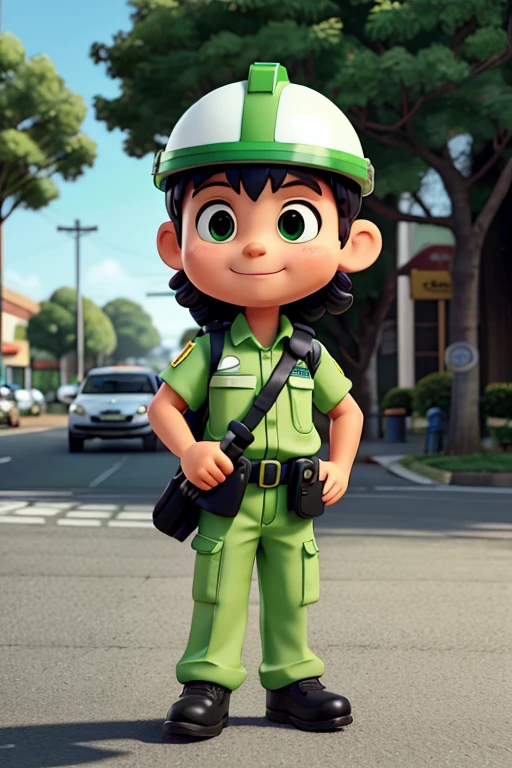 name: Traffic Guardian Appearance: A little traffic police officer in a green and white uniform, safety helmet, holding a sign "Pare" In one hand.
Personalidade: friendly, caring, and always alert to teach traffic rules in a fun way.