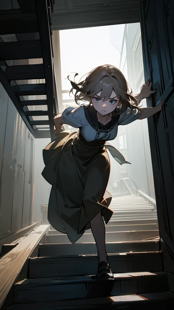 Illustrate a tense scene with Emma climbing up a creaky attic staircase. Include dark, dusty surroundings and a sense of foreboding.
