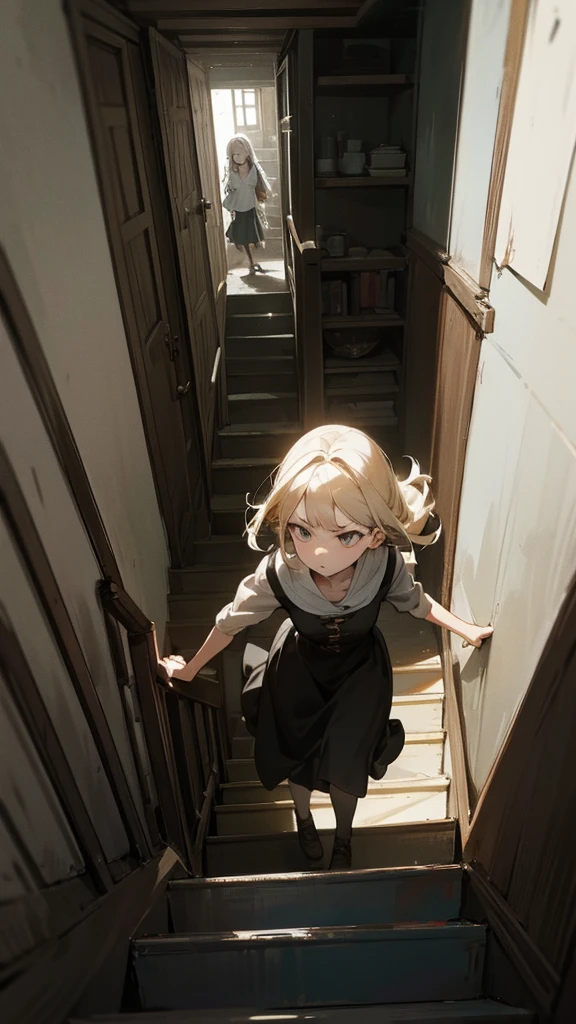 Illustrate a tense scene with Emma climbing up a creaky attic staircase. Include dark, dusty surroundings and a sense of foreboding.
