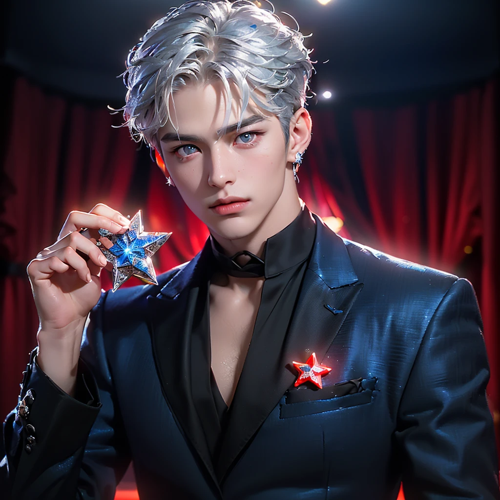 ((Highest quality,masterpiece,Extremely sophisticated details,Avatar of a handsome Korean-style man with short silver hair,Stickers,Holding a big three-dimensional star in hand,Heterochromatic red and blue pupils,Wearing a boss's formal short black suit without tie and high collar,singer)),extremely handsome,super handsome guy,Small silver jewelry decoration,((Correct anatomy))