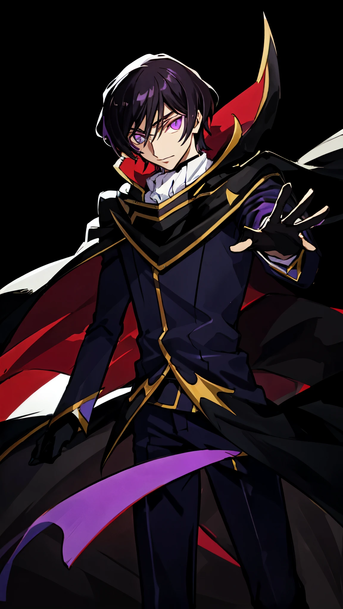 (lelouch lamperouge:1), male, boy, zero (code geass),(red glowing eye), purple suit, black cape, purple galaxy background, purple magic surrounding subject, (realistic:1.2), (masterpiece:1.2), (full-body-shot:1),(Cowboy-shot:1.2), neon lighting, dark romantic lighting, (highly detailed:1.2),(detailed face:1.2), (gradients), colorful, detailed eyes, (natural lighting:1.2), (dynamic pose:1.2), (solo, one person:1.5),