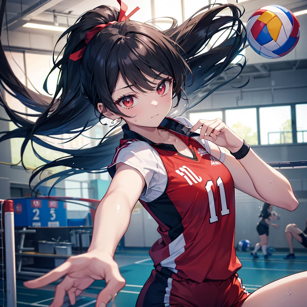 One woman((Volleyball Player)) background,(gym,Olympic) sharp spikes,Jumping woman,(Black Hair,ponytail,Red eyes,Super Shiny Sweat) Anime Style,Overall image Best shot Wind blowing Low angle