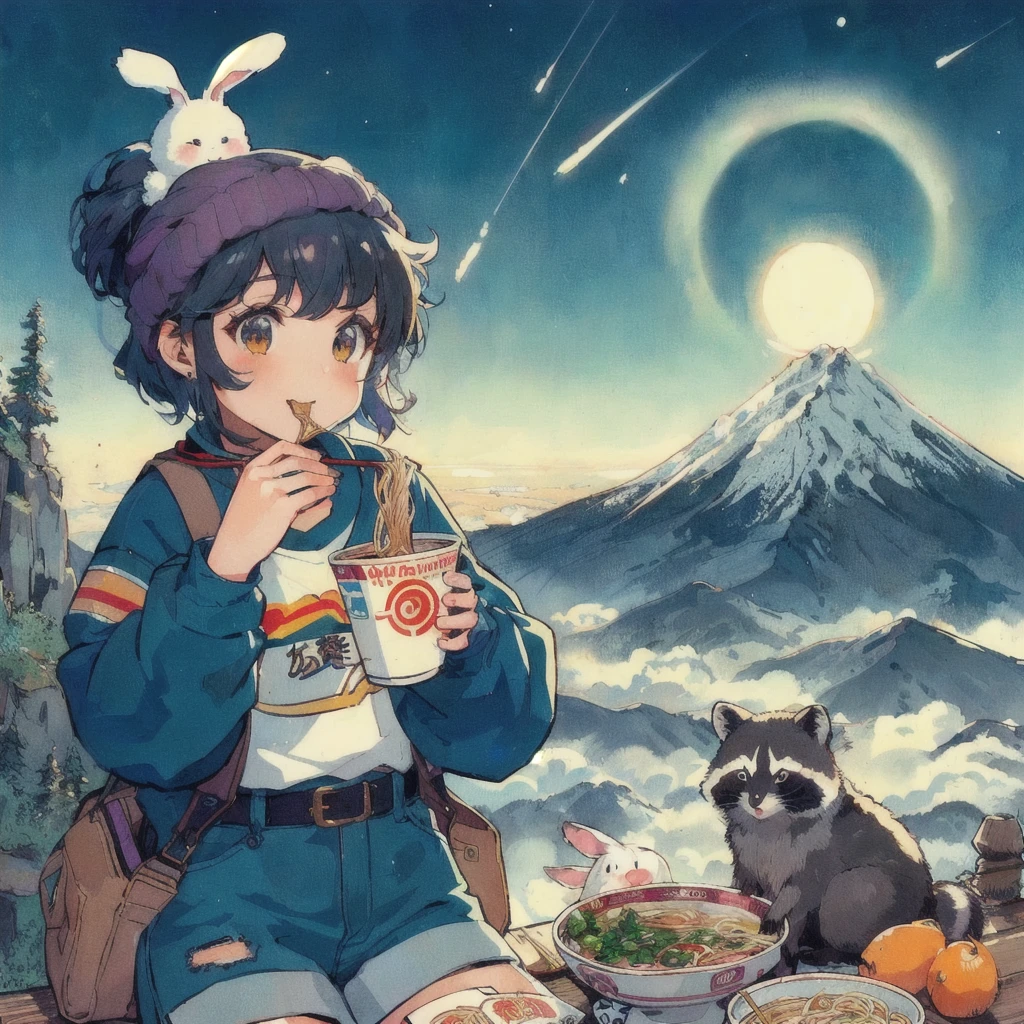 Anime girl eating ramen with a rabbit and a raccoon in the background, Mountain,LOFI Girl,Cute art style, 高品質のAnime art style, Anime Moe Art Style, beautiful Anime art style, Lofi Artstyle, Cute and detailed digital art, Lofi Art, Official artwork, Anime art style, Portrait of Rofi, In 80s anime art style