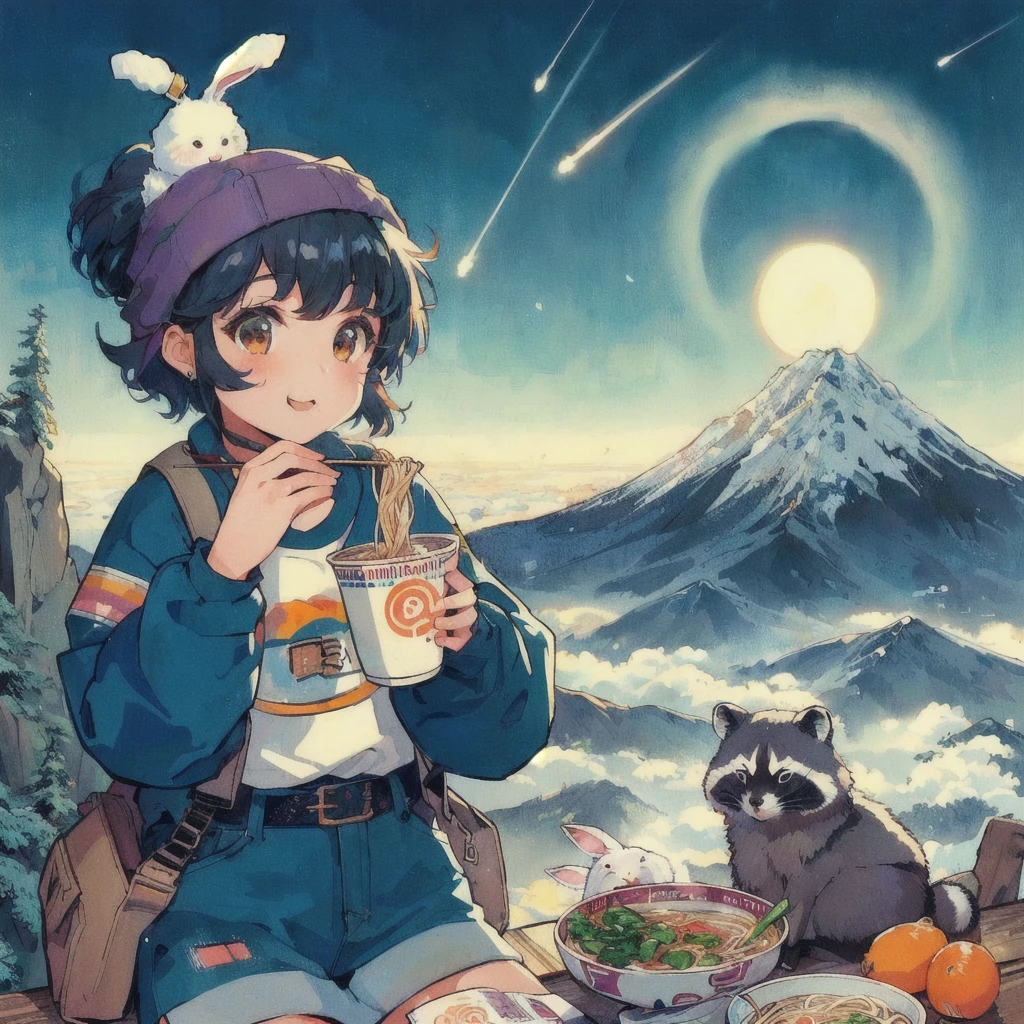 Anime girl eating ramen with a rabbit and a raccoon in the background, Mountain,LOFI Girl,Cute art style, 高品質のAnime art style, Anime Moe Art Style, beautiful Anime art style, Lofi Artstyle, Cute and detailed digital art, Lofi Art, Official artwork, Anime art style, Portrait of Rofi, In 80s anime art style
