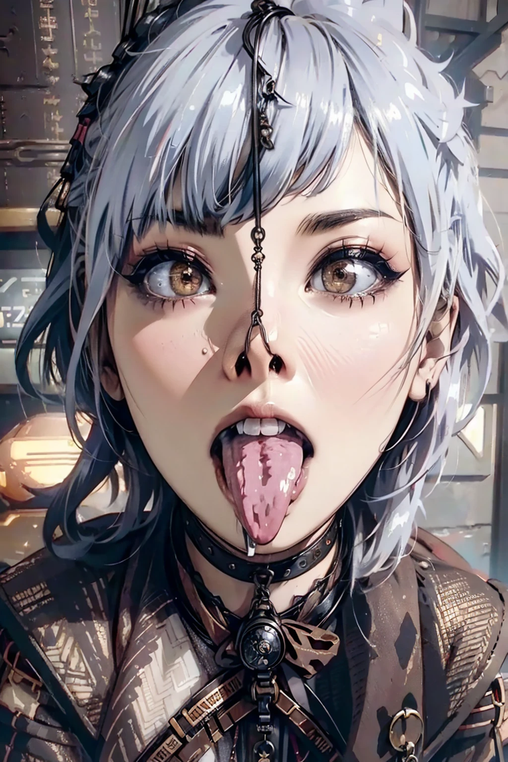 masterpiece, Highest quality, (Face close-up, Sticking out a long tongue, Ahegao, Eyes wide open:1.3), beautiful girl, happiness, smile, Beautiful and detailed, Dark Eyes, amount, Thin eyebrows, Eyelash extensions, (Silver Hair, Wavy bristles, Short Hair:1.3), Gal Makeup, (Nose hook:1.3), (Bondage Fashion:1.3), (Stick your butt out, stand up, I want to see your knees:1.3), (Steampunk background:1.3), (Drooling:1.3)