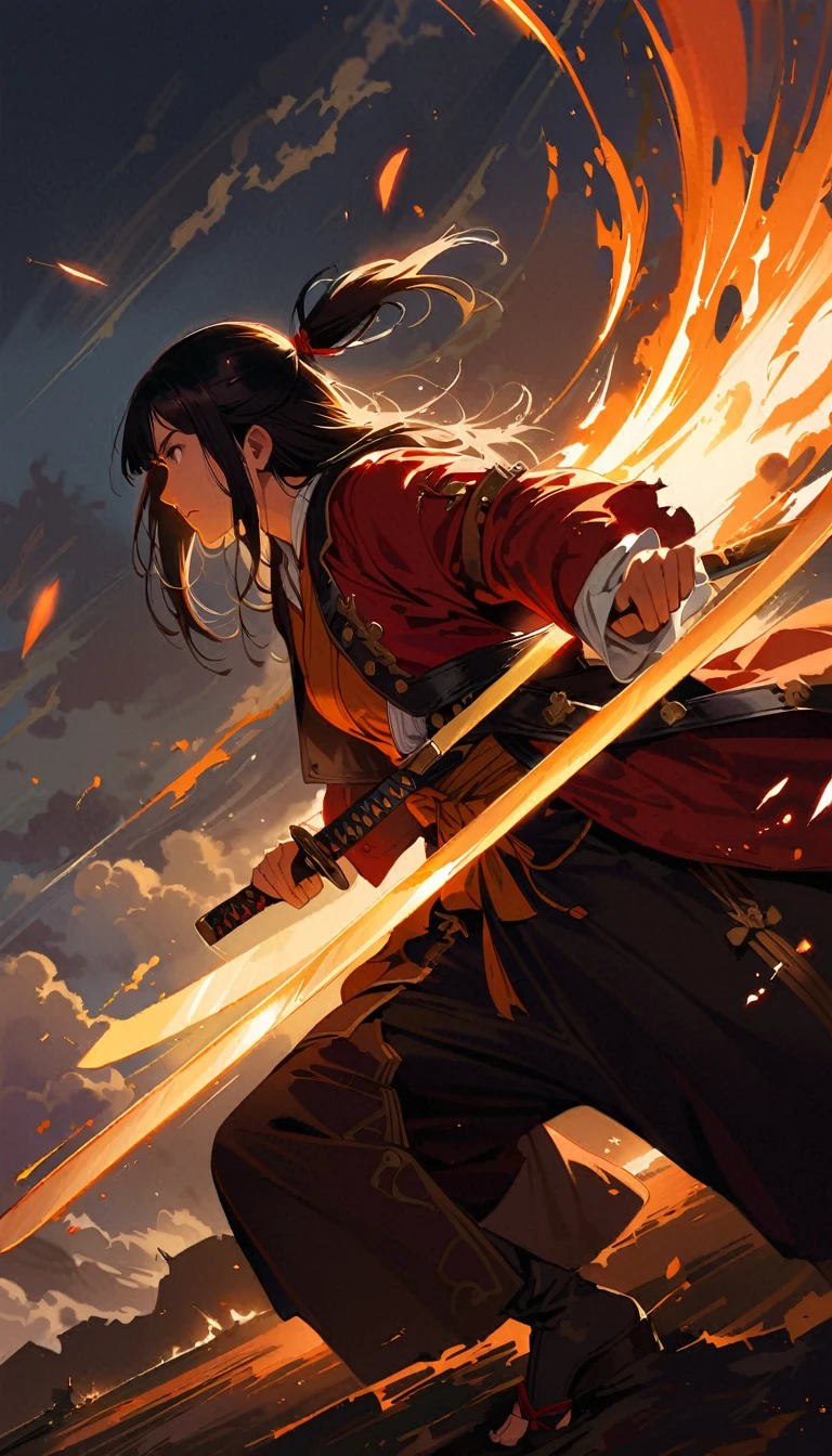 Full body shot, wide angle shot, realistic, 1girl, profile portrait, beautiful japanese girl, japanese pirat, xviii century, she hold katana sword near face, shining metal, eyes reflection from sword metal, old and torn pirate outfit,  female pirate, Low-key lighting Style, katana, fight, dynamic shot, fighting pose, immersive background ofbpirate battle