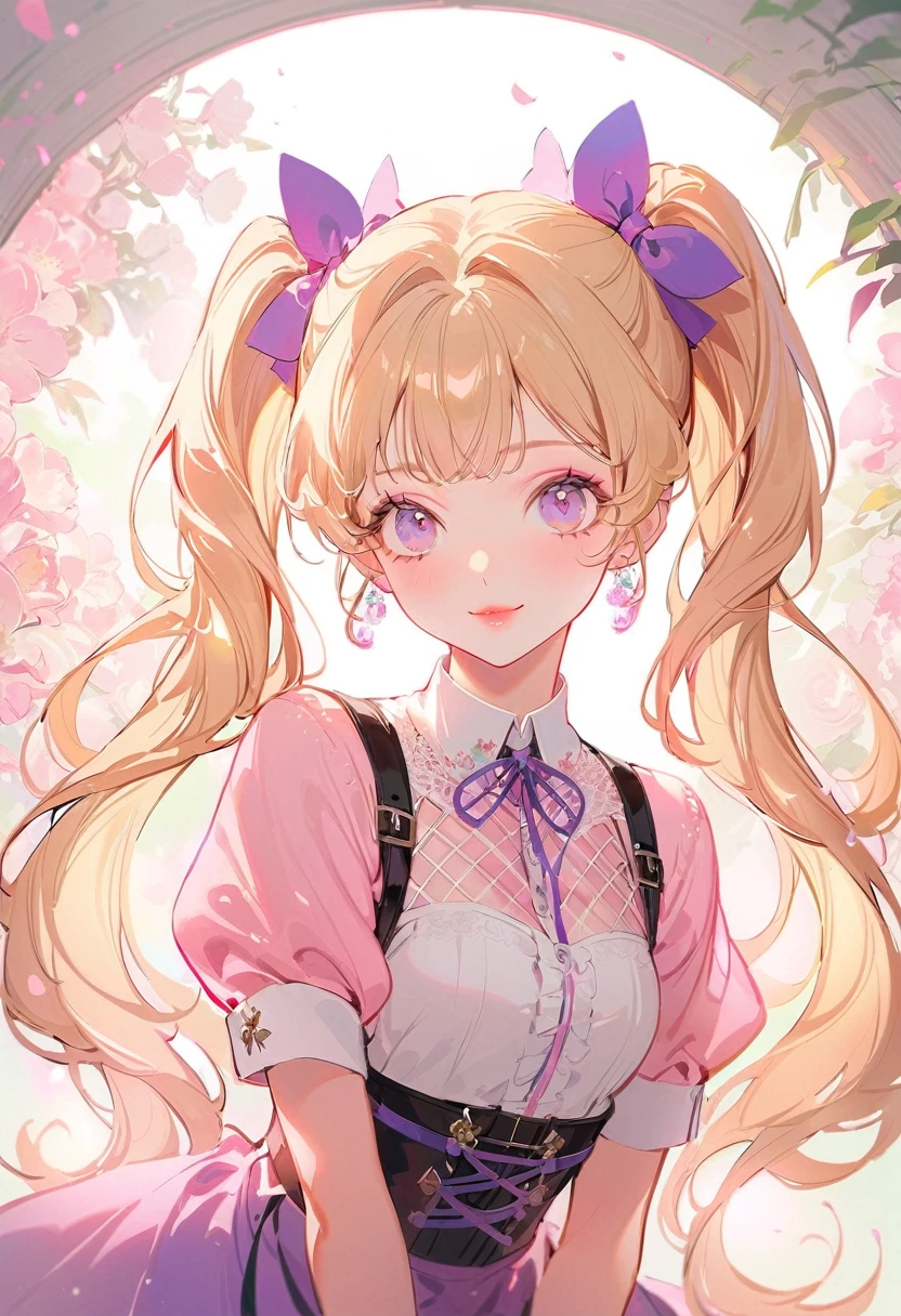 (Highest quality,Very detailed,High resolution:1.2),Beautiful girl with perfect face,very_Long eyelashes, Detailed lips, Cool look, Soft Skin, ,Vibrant Background, Natural light,The cutest girl in the world,Exquisite makeup,Long blonde hair with pink mesh at the ends, Twin tails, Maid服は黒色, I have a gun in my hand,Pink Hair,Long Hair,Adult female,(((Maid)),((Body Harness)),((Roll up your sleevesYshirt)),(corset),mini skirt(Short skirt),((garter belt)),High heels,((Simple Background)),smile,((whole body)),((whole body)),((whole body)),Character Sheet,