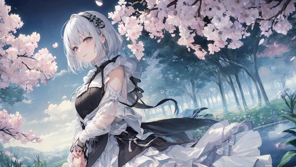 Open your mouth、Flower Field、Her eyes were shining、Mysterious and enchanting atmosphere。With AI Painting、とてもShort Hair, Long bangs between the eyes, Very detailed,(masterpiece、Highest quality)、alone、Gray Hair、Fantasy, Silver Hair, Fantasyな風景、smile、Open your mouth、short hair、Short Hair、hairpin、black eye、Grey Eyes、Beautiful Eyes、Black Shirt、White hoodie